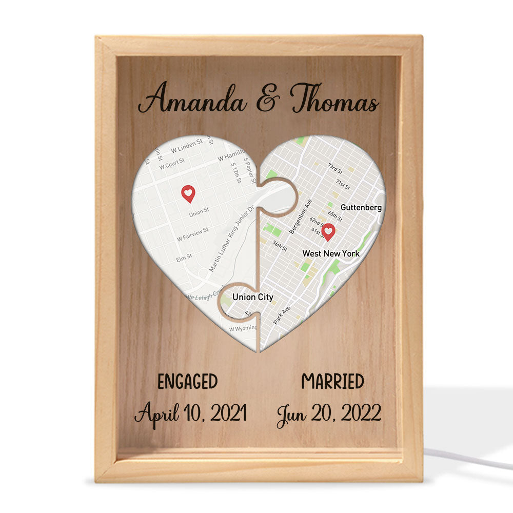 Custom Locations Heart Puzzle Map - Personalized Frame Light Box - Anniversary Gift, Valentine's Day Gift For Couple