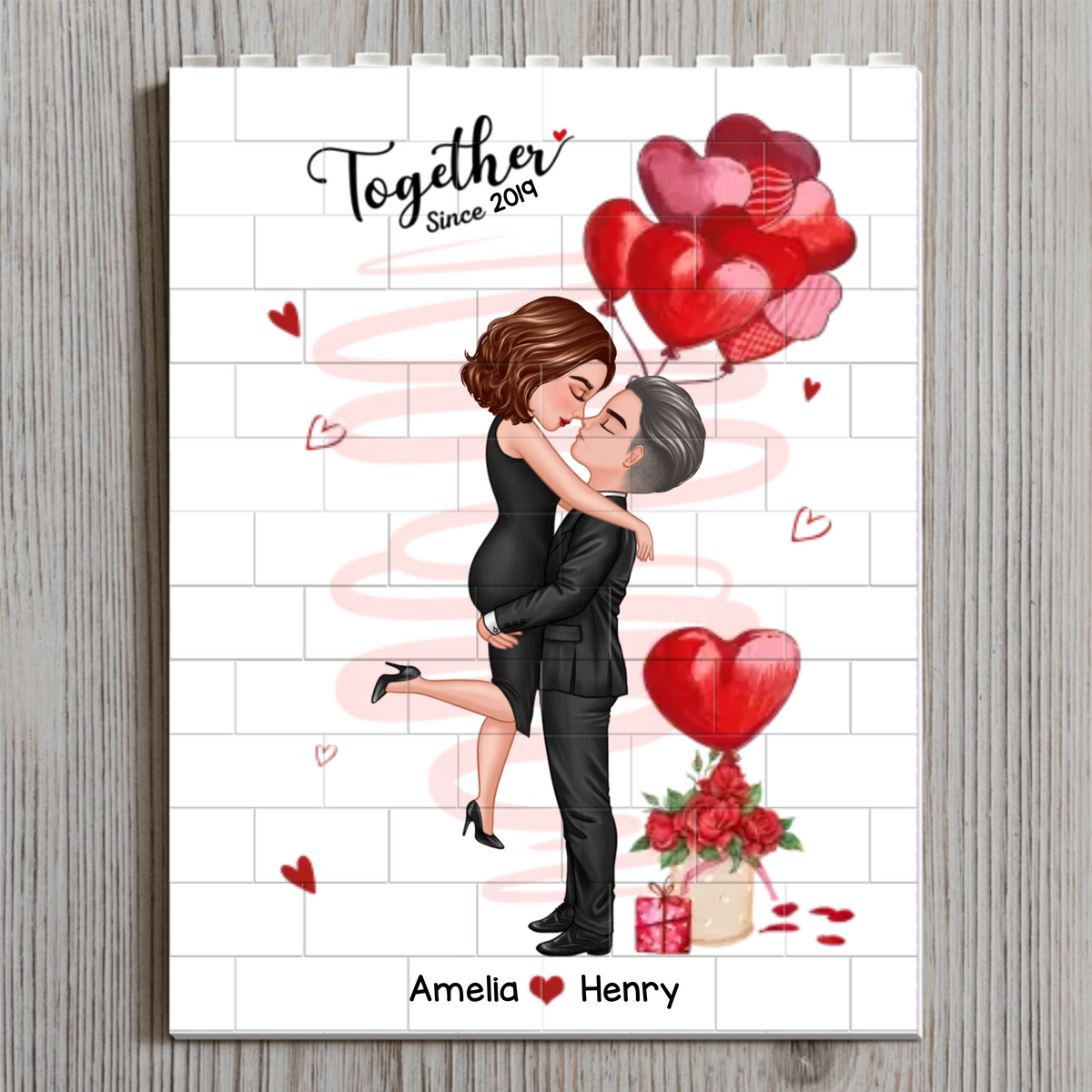 Kissing Couple Together Since - Personalized Building Block Puzzle - Anniversary Gift, Valentine's Day Gift For Couple