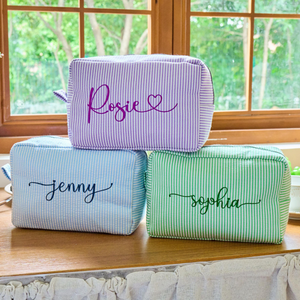 Personalized Seersucker Makeup Bag, Embroidered Cosmetic Bag, Bridesmaid Gifts, Large Capacity Monogrammed Toiletry Bag, Bridal Shower Gifts