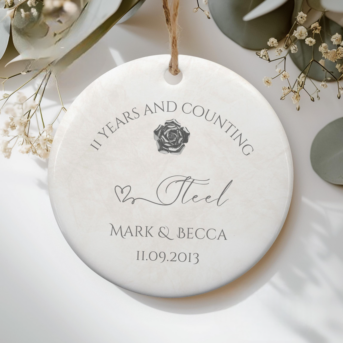 Personalize 11th Anniversary Ornament, Steel Wedding Anniversary Gift, 11th Year Anniversary Ceramic, 11 Years Married Keepsake Gift