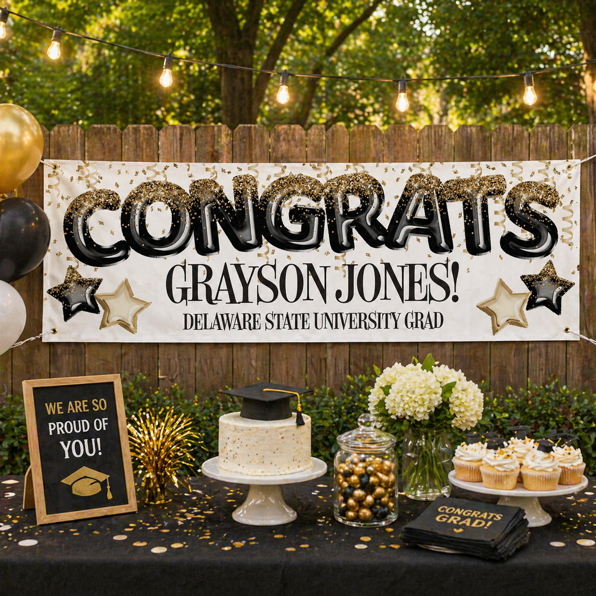 Personalized Graduation Banner, Congrats Graduate Custom Name & School Yard Party Decoration with Black & Gold Balloon Style Design