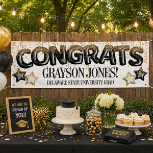 Personalized Graduation Banner, Congrats Graduate Custom Name & School Yard Party Decoration with Black & Gold Balloon Style Design