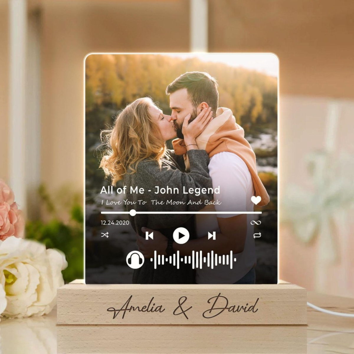 Custom Your Favorite Song Upload Full Photo - Personalized 3D LED Light Wooden Base - Gift For Couple
