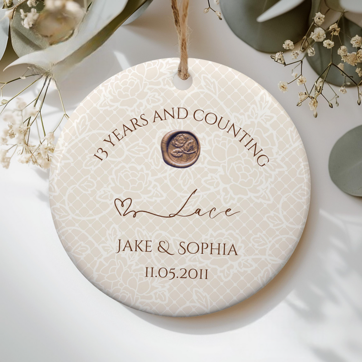 Personalize 13th Anniversary Ornament, Lace Effect Wedding Anniversary Gift, 13th Year Anniversary Ceramic Ornament, 13 Years Married Gift For Husband Wife