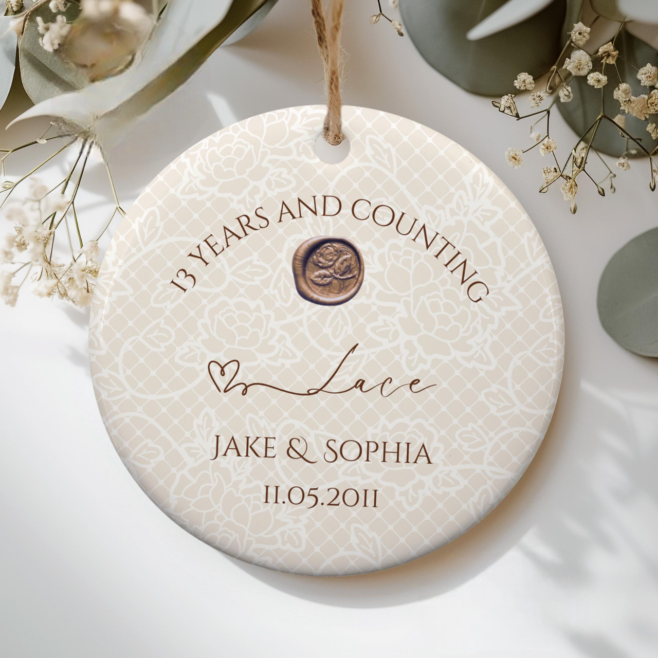 Personalize 13th Anniversary Ornament, Lace Effect Wedding Anniversary Gift, 13th Year Anniversary Ceramic Ornament, 13 Years Married Gift For Husband Wife