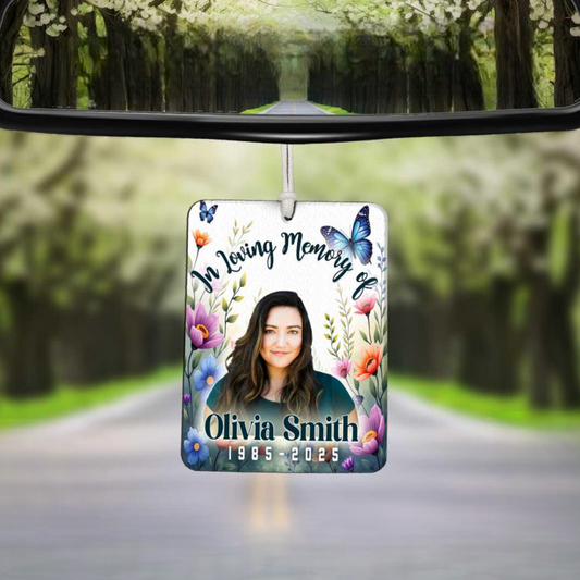 Personalized Photo Memorial Car Freshener, Butterfly & Wildflower Design, A Meaningful Keepsake with Photo, Memorial Gifts, Sympathy Gift, Photo Portrait Car Freshie