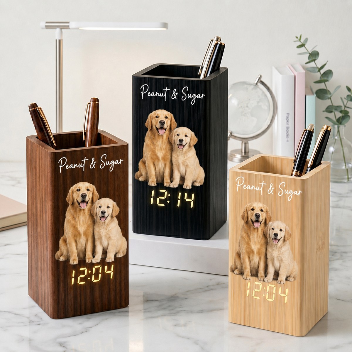 Custom Pet Watercolor Photo - Personalized Pen Holder With Clock - Gift For Dog Lovers, Cat Owners
