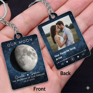 Our Moon Couple Moon Phase Custom Photo And Favorite Song - Personalized Acrylic Keychain - Anniversary Gift For Him Gift For Her