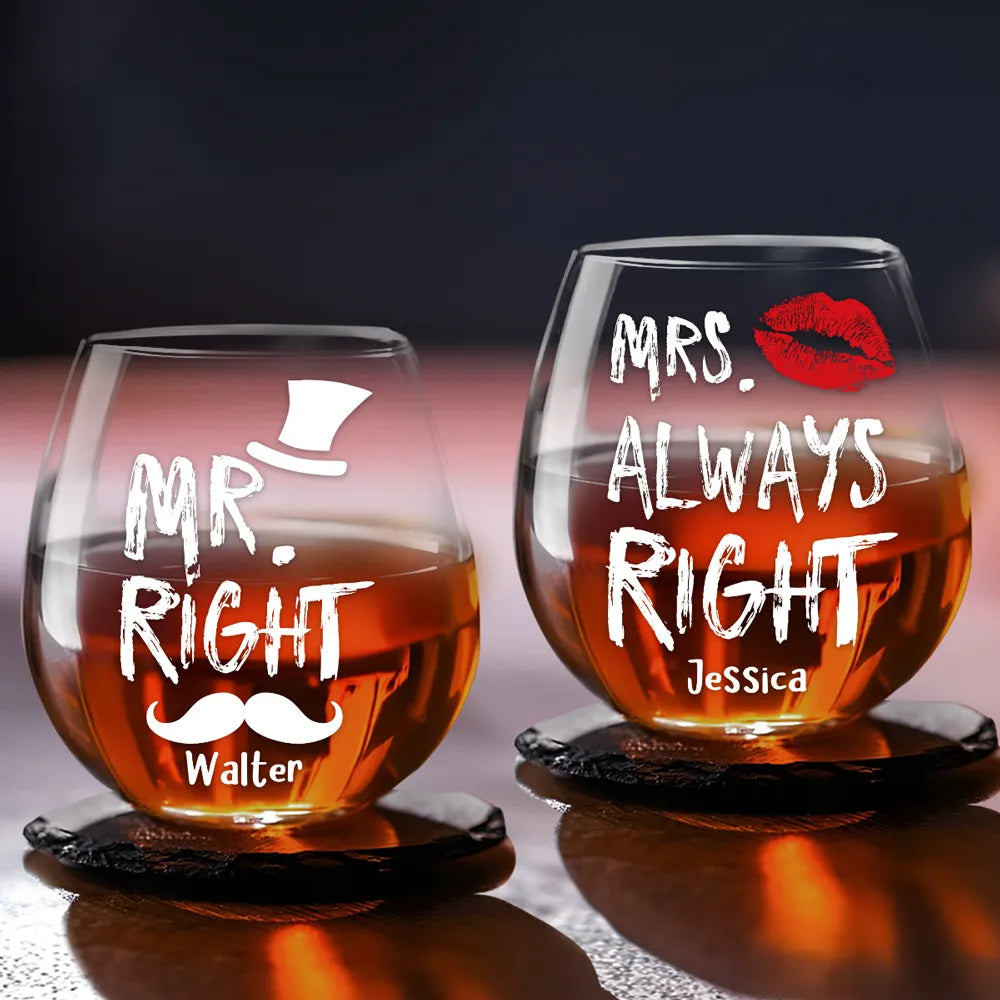 Mr And Mrs Right - Personalized Wine Glass - Valentine's Day Gift, Anniversary Gift For Couple