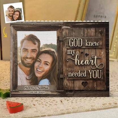 God Knew My Heart Needed You Rustic Window - Personalized Building Block Puzzle - Anniversary Gift, Valentine's Day Gift For Couple