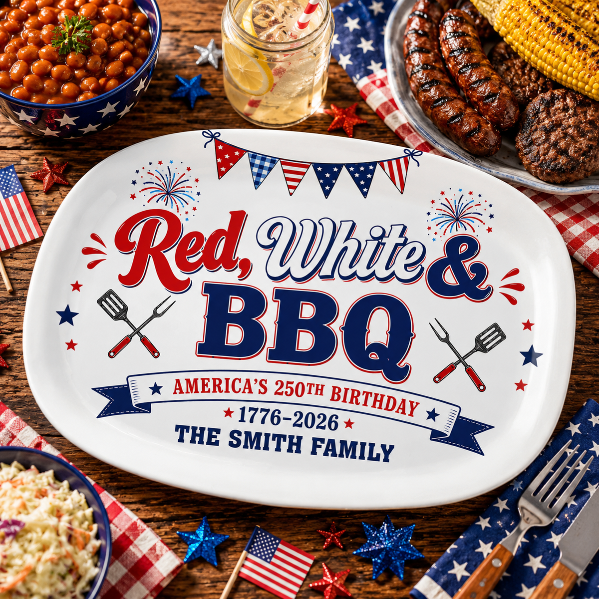 Red, White & BBQ - Personalized Platter - America 250th Anniversary Gifts For Family