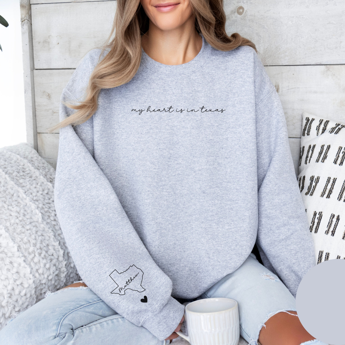 Custom Name Heart On Sleeve Matching Couple Crewneck, Personalized State Long Distance Sweatshirt, Anniversary Sweater Valentines Wife Gift