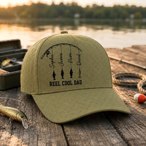 Personalized Fishing Dad Cap, Reel Cool Dad Cap with Kids Names, Father's Day Gift for Fisherman, Fishing Rod Design Hat, Gift for Grandpa