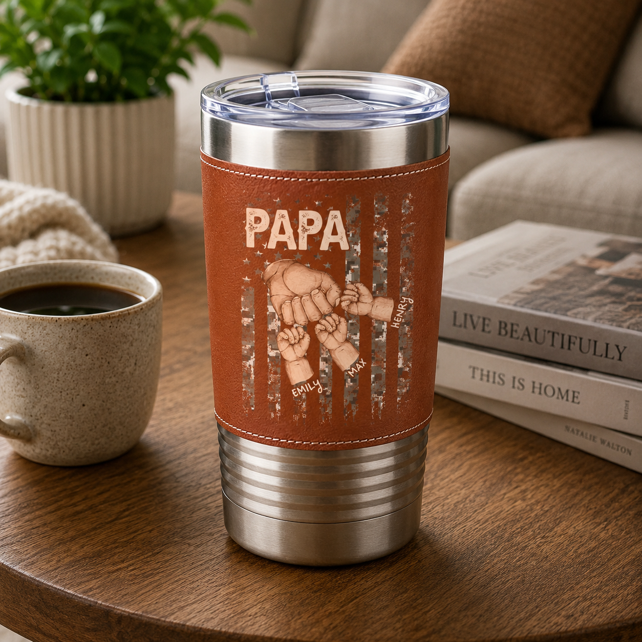 The Hand That Guides Us - Personalized Leather Tumbler - Father's Day, Gift For Dad, Grandpa, Family Members