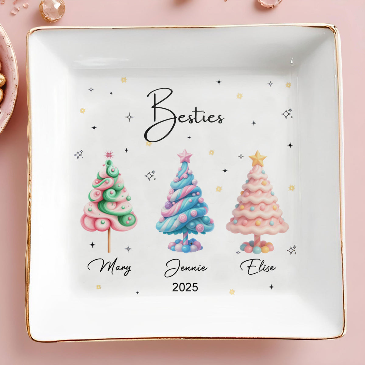 Besties With Colorful Christmas Trees, Personalized Ceramic Dish, Gift For Best Friends