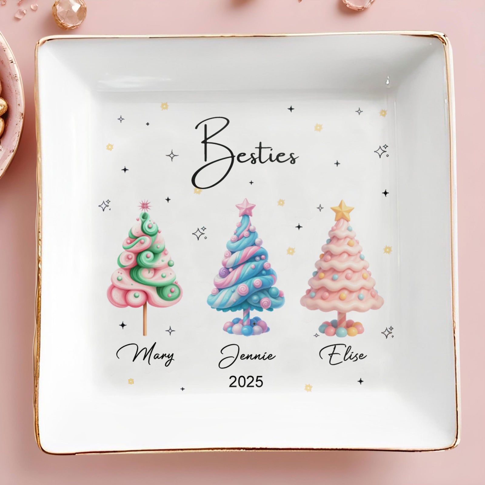 Besties With Colorful Christmas Trees, Personalized Ceramic Dish, Gift For Best Friends