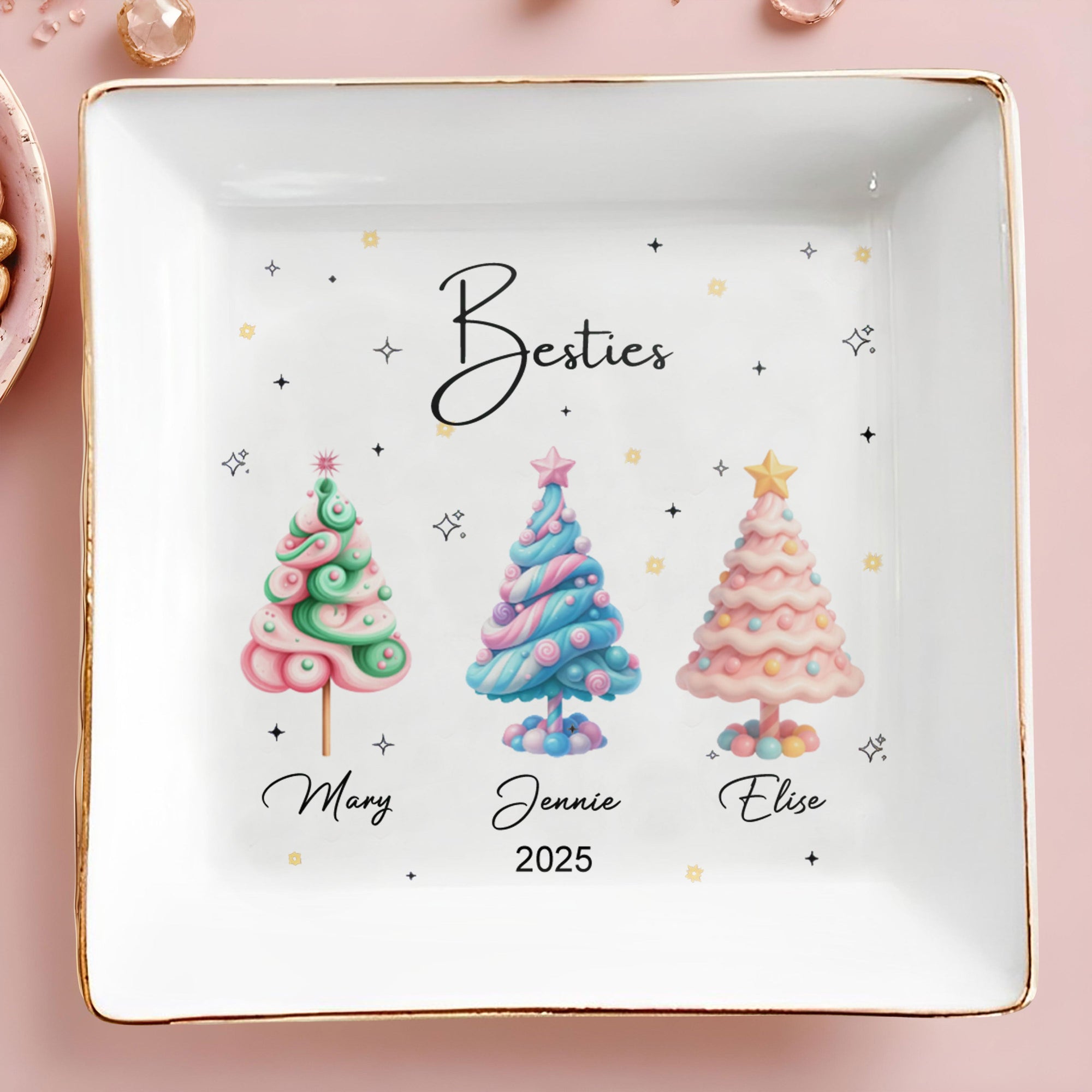Besties With Colorful Christmas Trees, Personalized Ceramic Dish, Gift For Best Friends