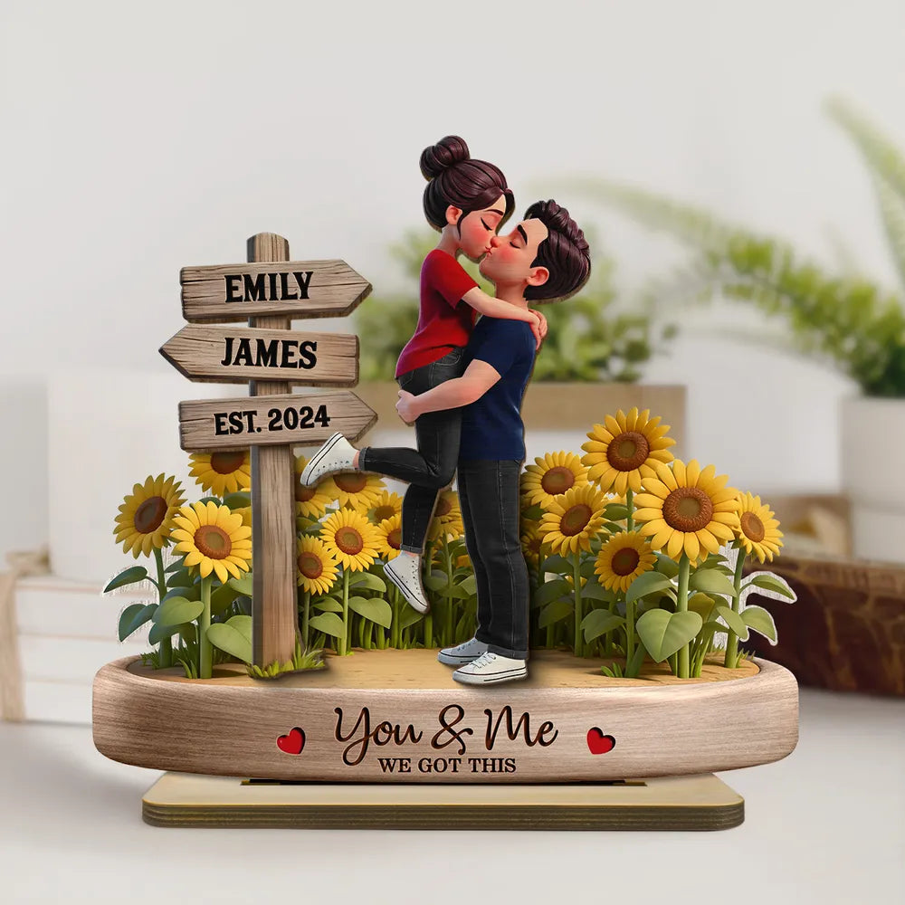 Sunflower Kissing Couple You & Me We Got This - Personalized Wooden Plaque - Anniversary Gift, Valentine's Day Gift For Couple