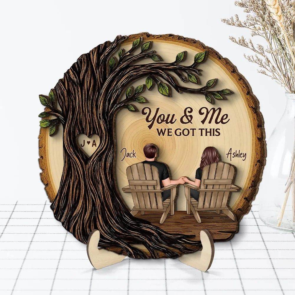 Couple Sitting Under Heart Carved Tree - Personalized Wooden Plaque - Valentine's Day Gift For Couple