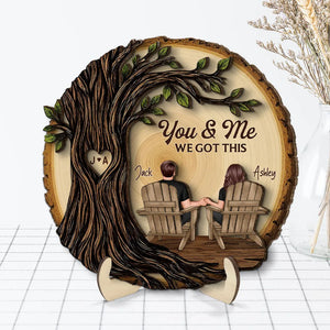 Couple Sitting Under Heart Carved Tree - Personalized Wooden Plaque - Valentine's Day Gift For Couple