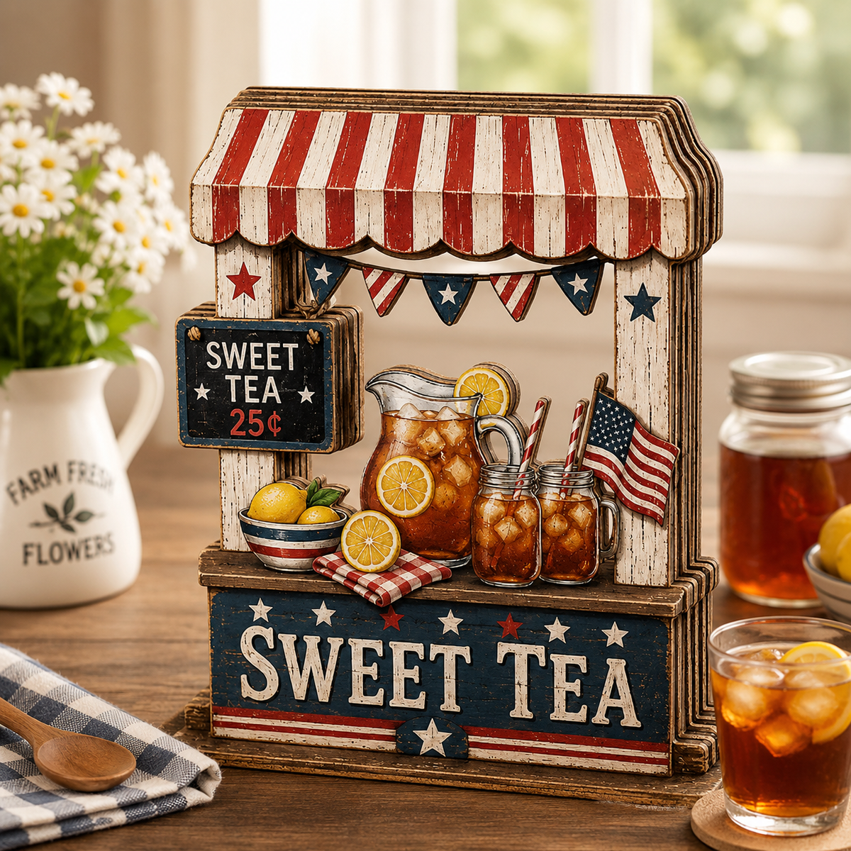 3D Wooden Sweet Tea Stand Sign, Southern Hostess Gift, Summer BBQ Decor, Patriotic Beverage Station Art, Custom Name Kitchen Tabletop Decor