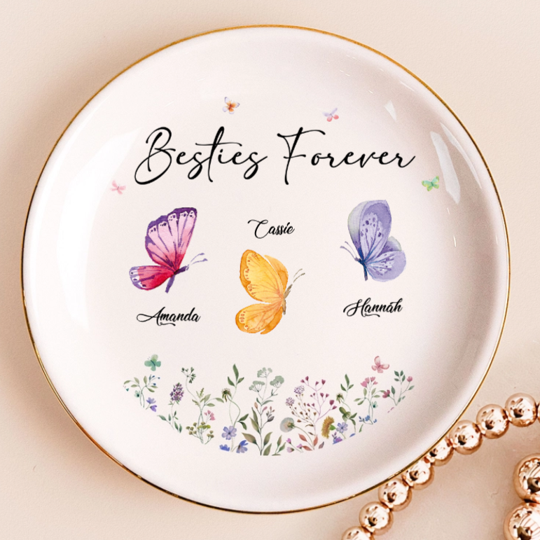 Life Is Better With Besties Sisters Colorful Butterflies - Personalized Jewelry Plate - Gift For Besties, Sisters, Friends