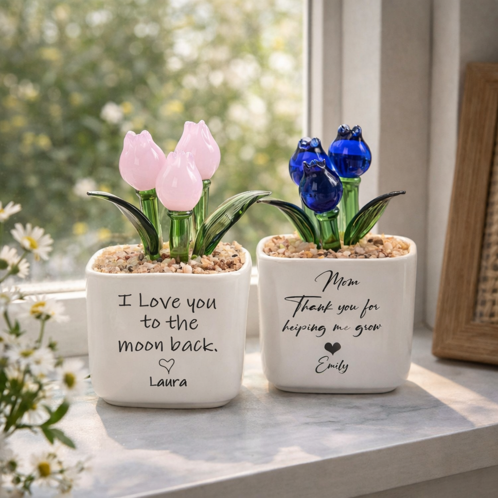 Glass Tulip Gift for Mom, Personalized Glass Flower Pot, Mother's Day Gift, Custom Everlasting Floral Desk Decor
