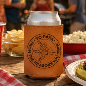 To Papa FromThe Reason You Drink - Personalized Leather Can Cooler - Father's Day, Gift For Dad, Grandpa