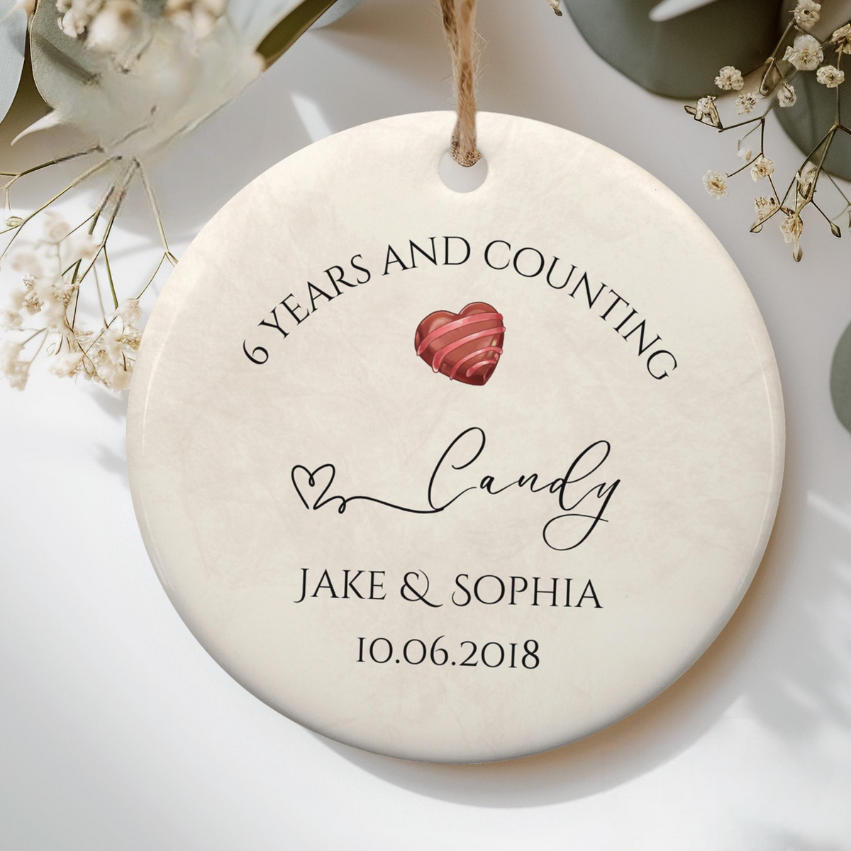Personalized 6th Anniversary Ornament, Candy Wedding Anniversary Gift, Sixth Year Anniversary Ceramic Ornament, 6 Years Married Keepsake Gift