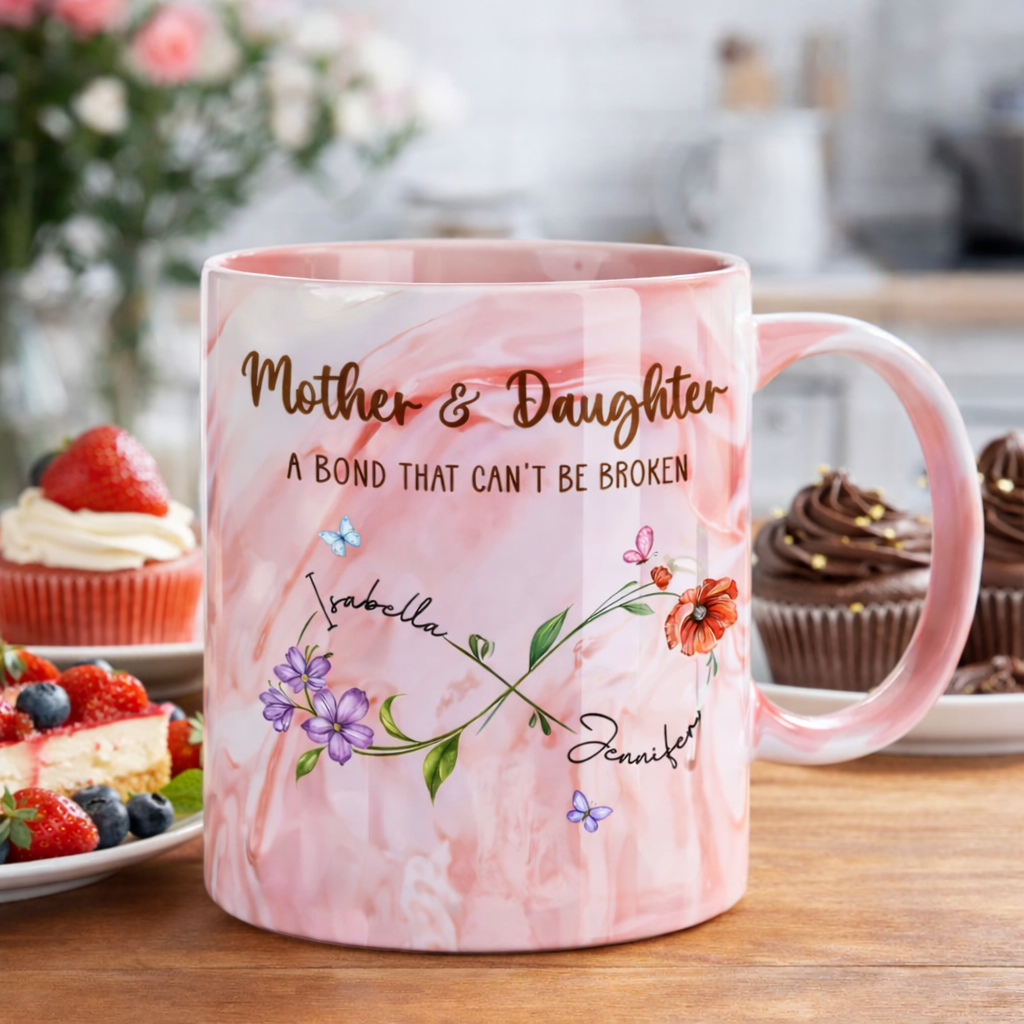 Mother And Daughter Link Forever - Personalized Marble Mug - Gift For Mother & Daughter, Mother's Day Gift