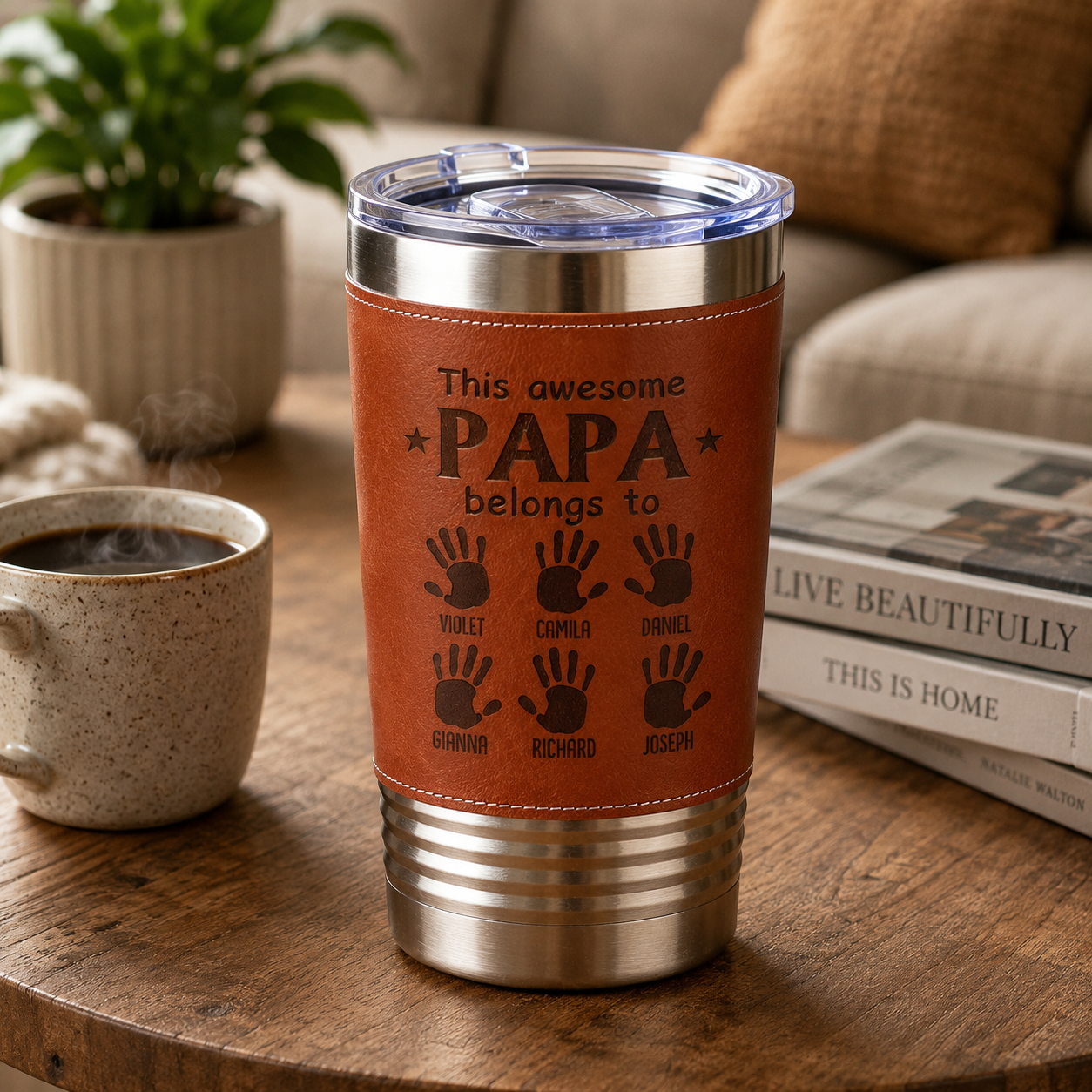 This Awesome Papa Belongs To Kids Hand Prints - Personalized Leather Tumbler - Gift For Dad, Grandpa, Father's Day Gift