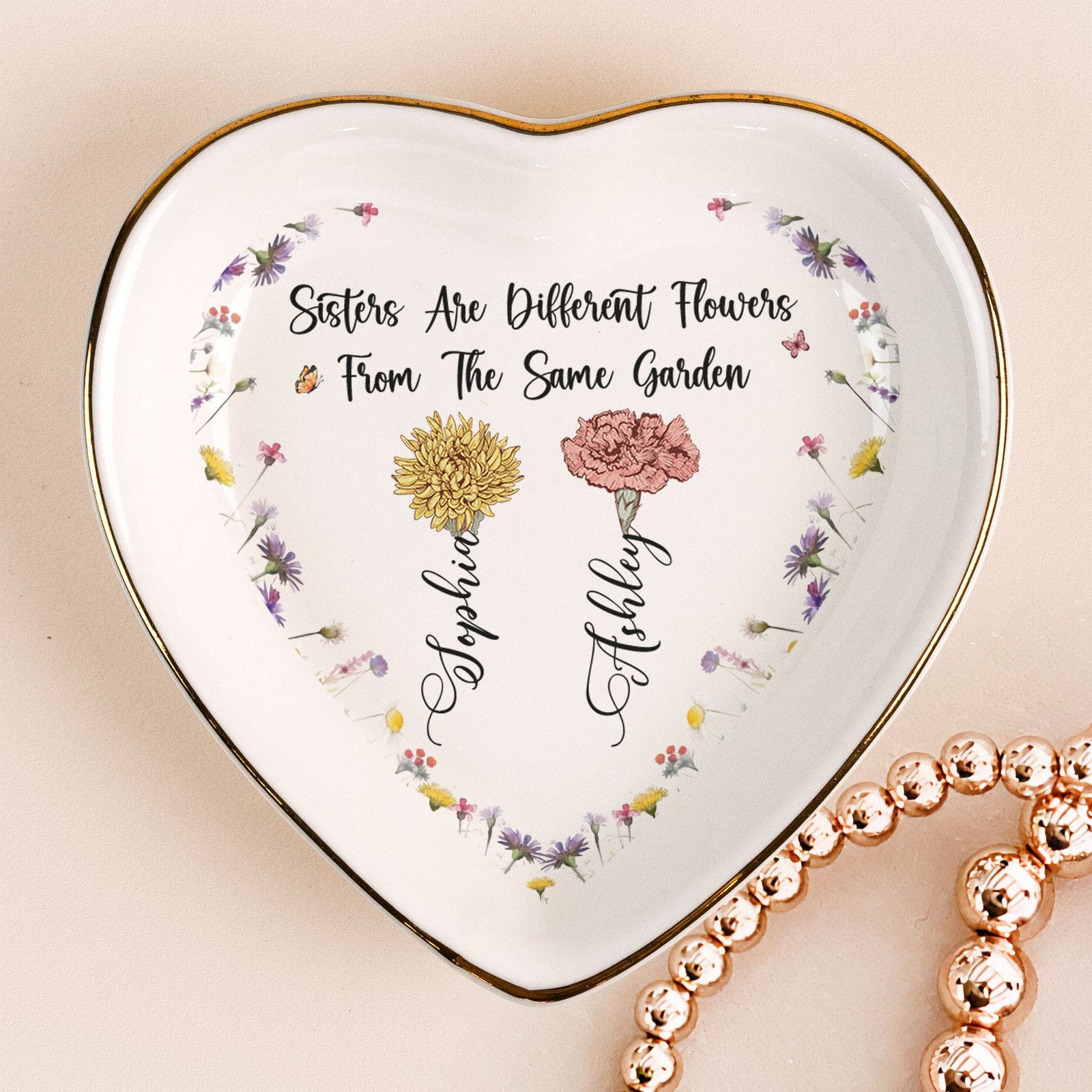 Sisters Are Different Flowers - Personalized Jewelry Plate - Gift For Sisters, Besties, Friends