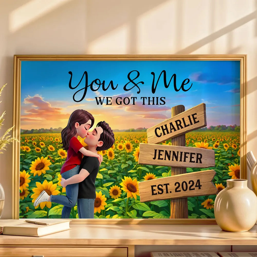 Sunflower Kissing Couple - Personalized Canvas - Anniversary Gift, Valentine's Day Gift For Couple