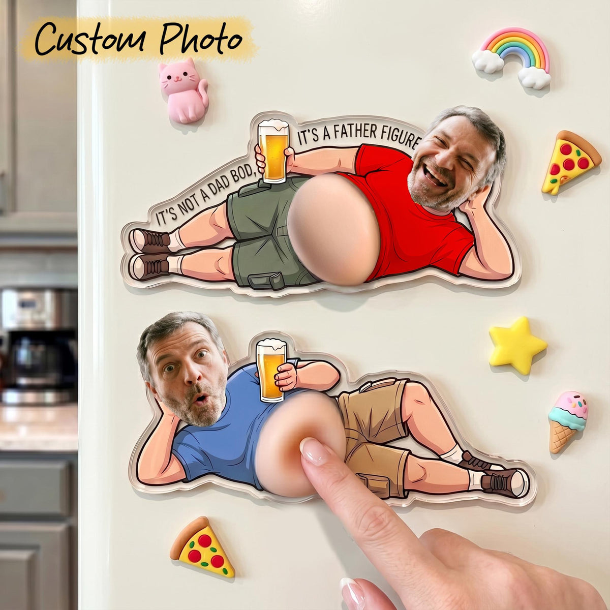 Custom Funny Daddy Face Personalized Squishy Belly Fridge Magnet, Father's Day Gift For Husband, Dad Photo Squeeze Magnet, Kitchen Decor