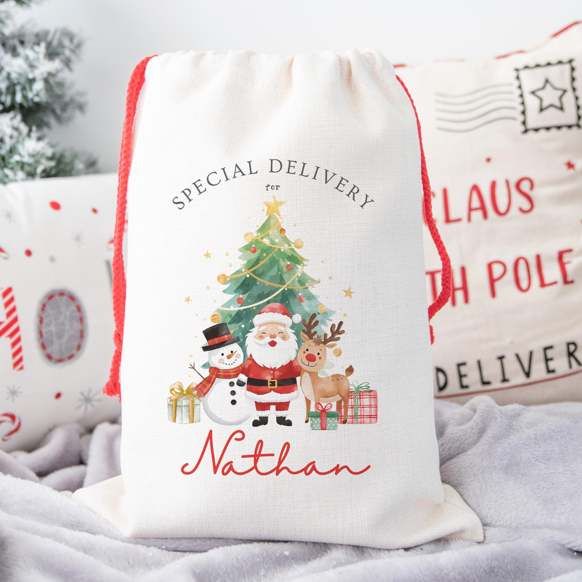 Personalized Santa Sack for Kids, Special Delivery Christmas Gift Bag with Name, Custom Gift Wrap for Boys Girls, Cute Snowman Reindeer Sack