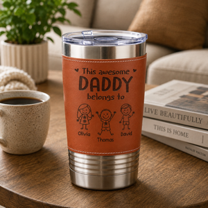 This Awesome Dad Belongs To Kids - Personalized Leather Tumbler - Gift For Dad, Grandpa, Father's Day Gift