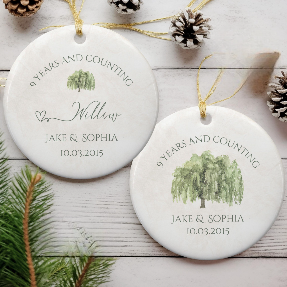 Personalized 9th Anniversary Ornament, Willow Wedding Anniversary Gift, Ninth Year Anniversary Ceramic Ornament, 9 Years Married Keepsake Gift