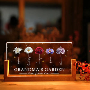 Mom Grandma's Garden Beautiful 3D Effect Birth Flowers - Personalized Acrylic Plaque LED Night Light - Gift For Grandma