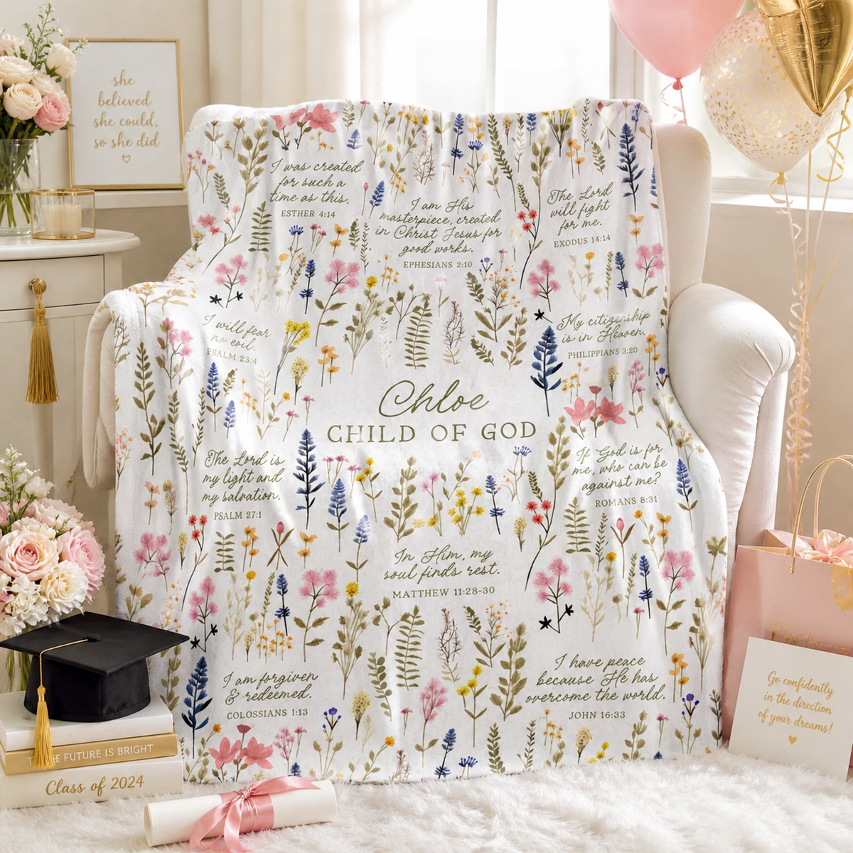 Christian Graduation Gift for Her, Personalized Scripture Blanket Class of 2026 College Grad Gift, Daughter Bible Verse Child of God Throw