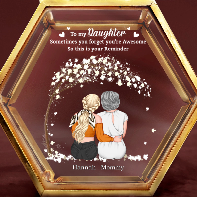 The Love Between Mother & Daughters Is Forever Blossom Tree - Personalized Hexagonal Glass Ring Box - Gift For Daughter From Mom, Mother's Day, Birthday Gift