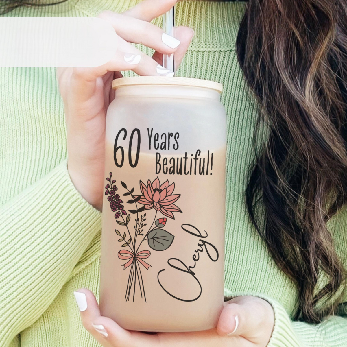 60th Birthday Glass Turning 60 Gift With Birthflower Glass Tumbler 60 Year Old Gift Iced Coffee Cup Sixtieth Birthday Glass Can With Flower