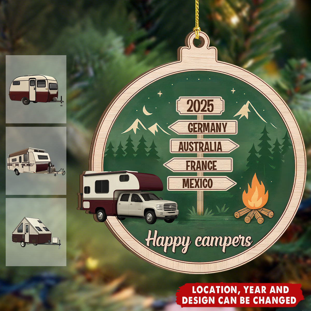 Camping Woodland Adventure - Personalized Wooden Ornament - Christmas Gift For Travel Lovers