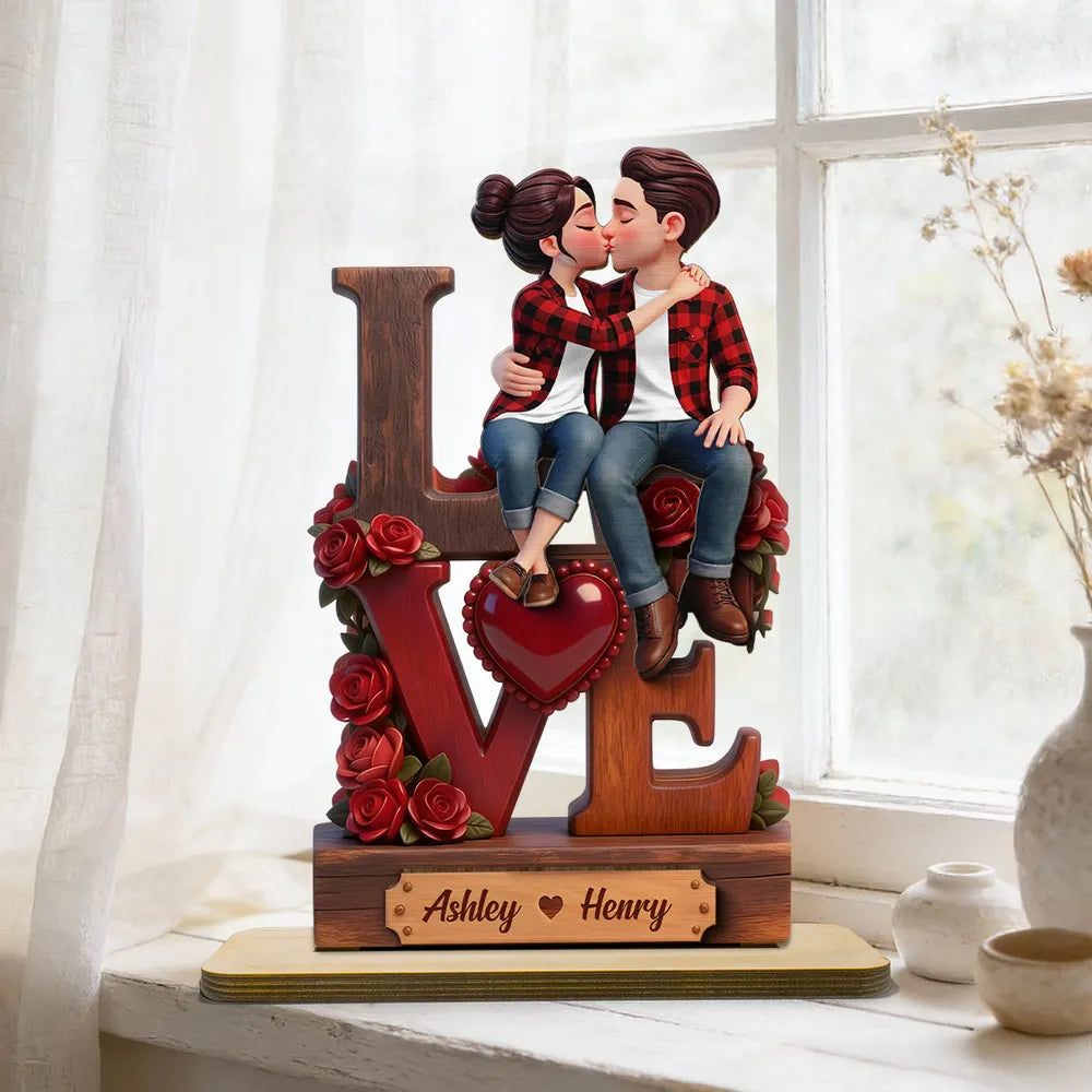 Roses Stacked LOVE Couple Sitting Kissing - Personalized Wooden Plaque With Flat Base - Valentine's Day Gift For Couple
