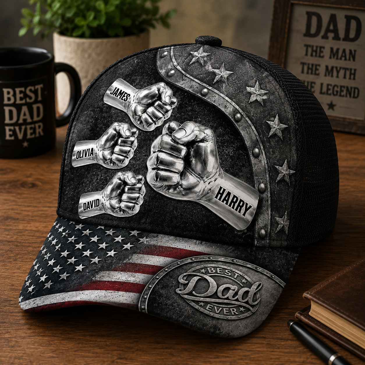 Custom Dad Fist Bump Hat with Kids Names, Personalized Father's Day Classic Cap, Gift For Dad Grandpa
