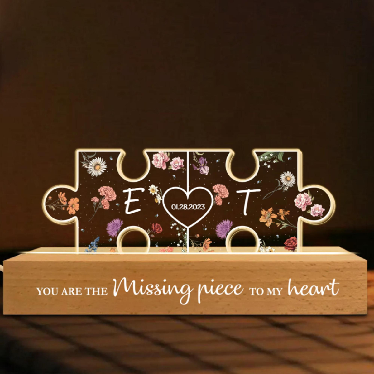 Personalized Couple Initials Puzzle Pieces Floral Theme Valentine's Day Gift, Custom Name and Date Night Light Led Gifts For Him/Her