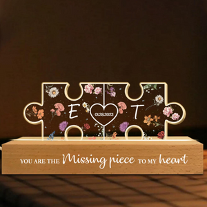 Personalized Couple Initials Puzzle Pieces Floral Theme Valentine's Day Gift, Custom Name and Date Night Light Led Gifts For Him/Her