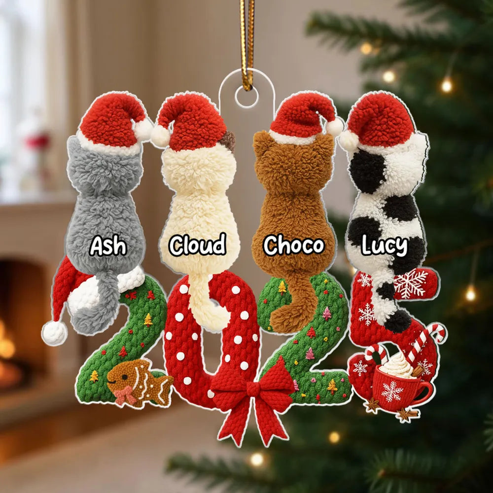 2025 Cat Lovers 3D Faux Yarn Effect - Personalized Acrylic Ornament - Christmas Gift for Cat Moms, Cat Dads