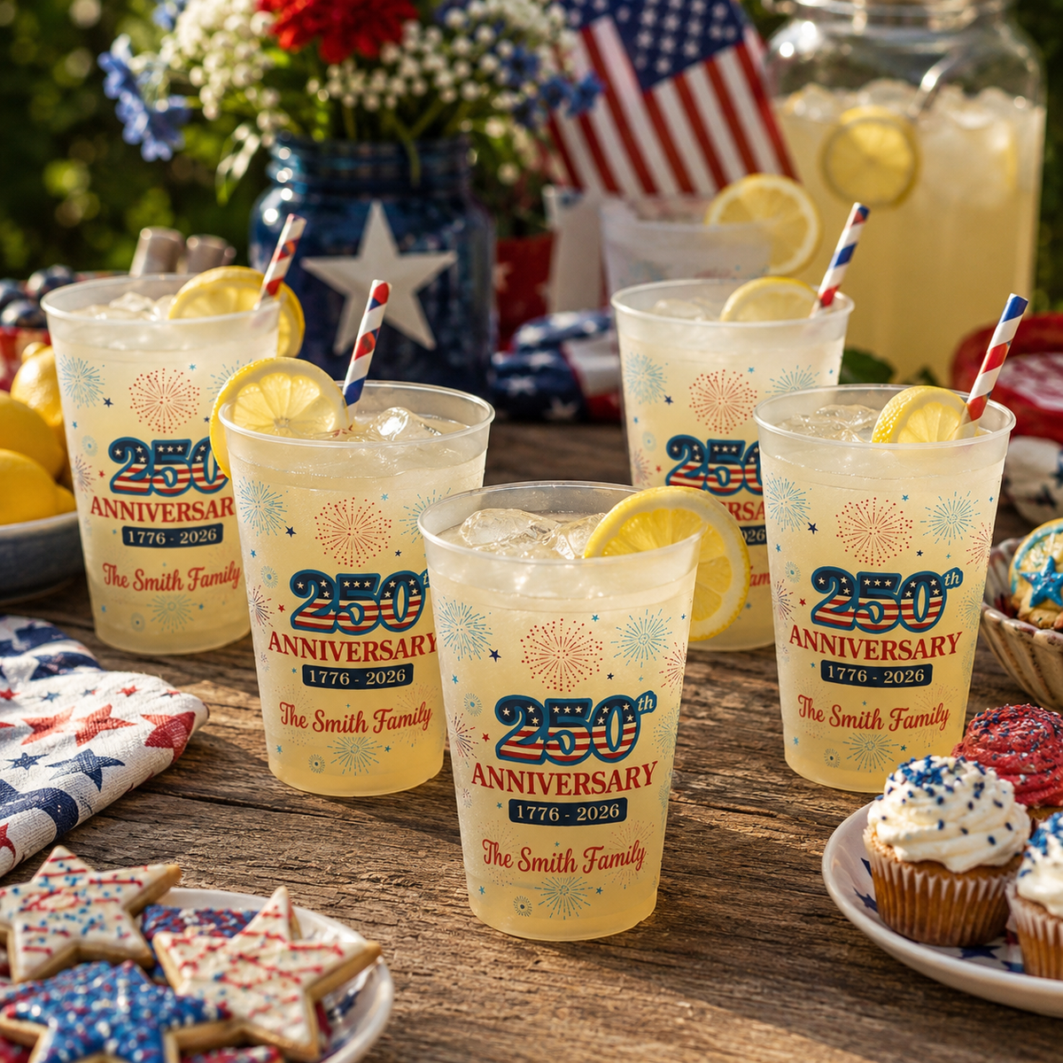 Personalized Family Name USA 250th Anniversary Fireworks Stadium Frosted Cup, Patriotic Party Decor, 4th of July Cup