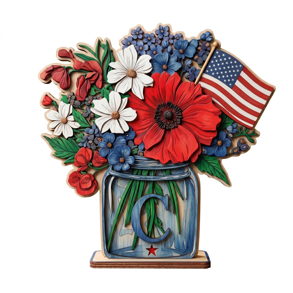 Personalized Patriotic Flower Wooden Plaque, American Flag Floral Arrangement, Fourth of July Centerpiece, USA Home Decor Gift
