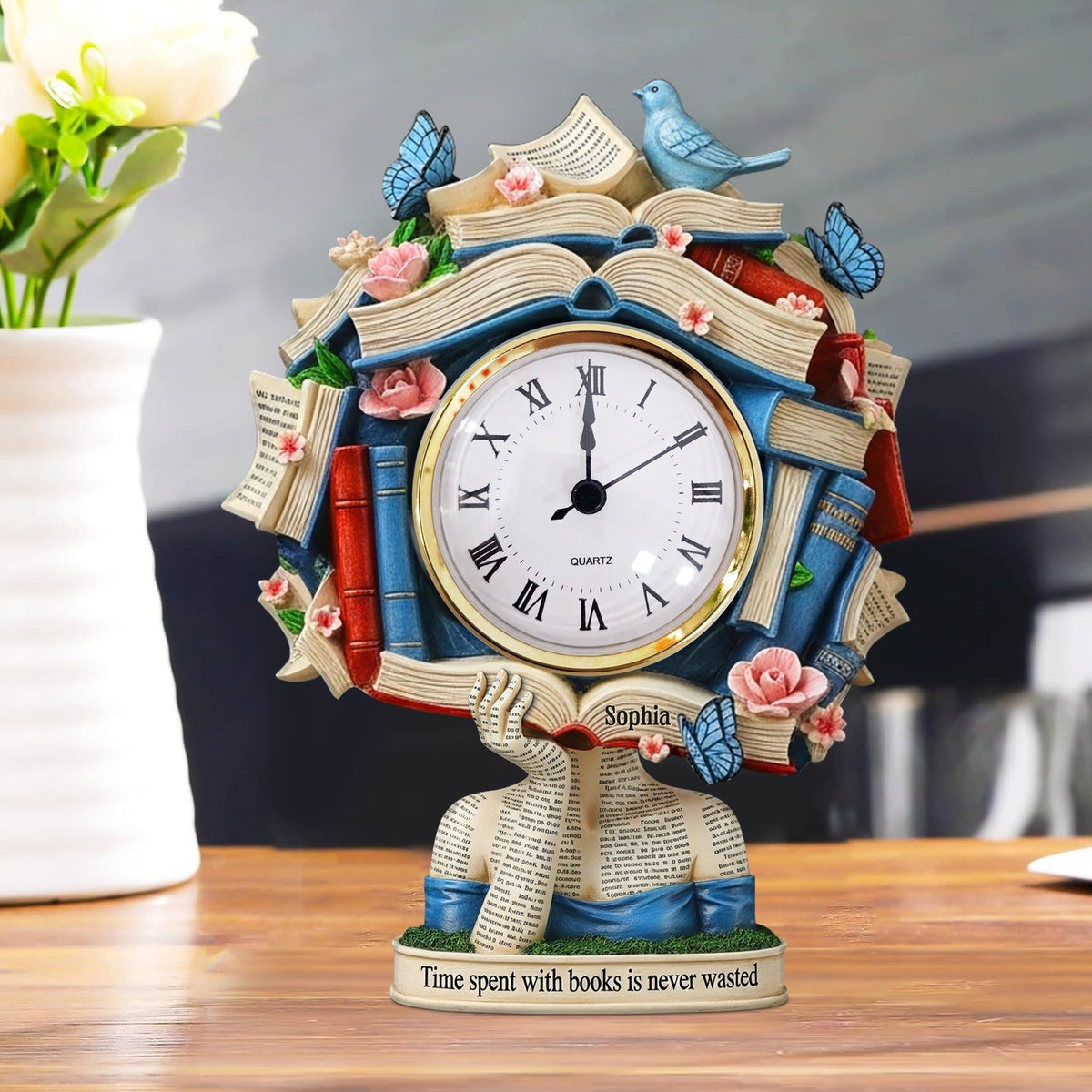 Book Head Girl Desk Clock, Personalized Acrylic Desk Clock, Gifts For Book Lovers